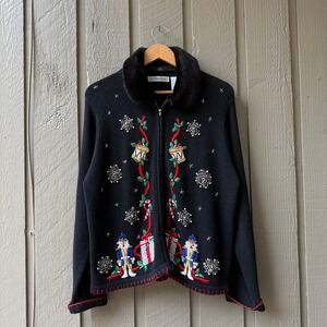Victoria Jones Nutcracker Christmas Sweater Cardigan Women Large Black Zip Fur L